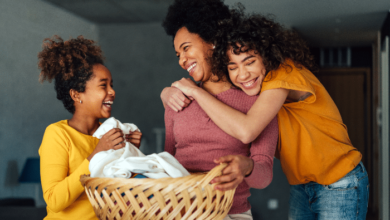 Balancing Household Responsibilities In A Blended Family-Teen girls doing laundry with their mom