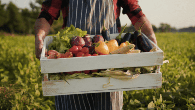 Farmer's Day - A family holding out his produce.