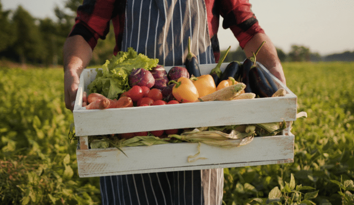 Farmer's Day - A family holding out his produce.