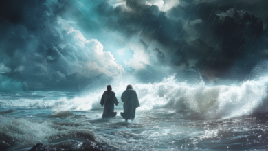 Overcoming fear through faith-A dramatic scene of Jesus and Peter walking on water, illustrating faith and doubt amidst a stormy sea.