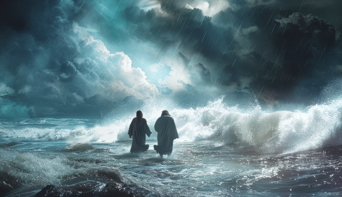 Overcoming fear through faith-A dramatic scene of Jesus and Peter walking on water, illustrating faith and doubt amidst a stormy sea.