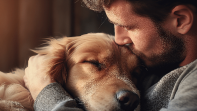 Man lovingly embraces his golden retriever, displaying a deep bond.