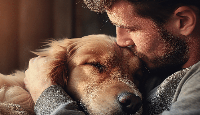 Man lovingly embraces his golden retriever, displaying a deep bond.