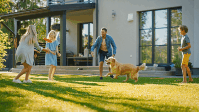 Fun summer ideas for your backyard - family playing in the backyard with a dog