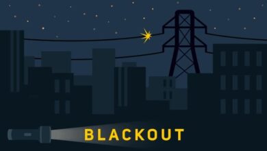 what to do when the power goes out-blackout in City. Power Outage at Night with Flashlight and Broken Power Lines