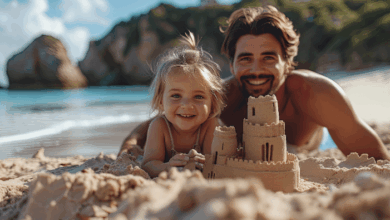 End-of-summer family bonding activities - dad and daughter building a castle in the sand
