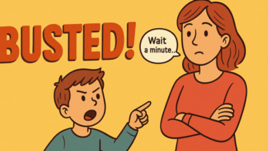 When kids catch parenting inconsistencies-Child pointing out a parenting inconsistency with parent looking caught off guard – blog about handling inconsistent rules.