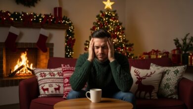 holiday stress in blended families-Man with hands on his head sitting in a decorated living room feeling stressed during Christmas holiday season