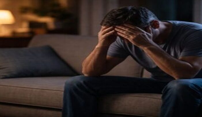 stepdad burnout-Exhausted stepfather sitting alone feeling overwhelmed by family responsibilities