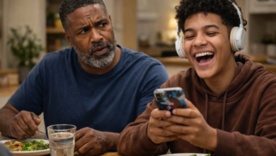 Stepdad looking puzzled by stepson laughing while looking at his phone