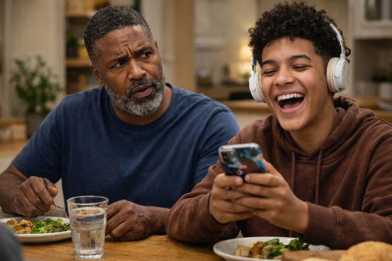 Stepdad looking puzzled by stepson laughing while looking at his phone