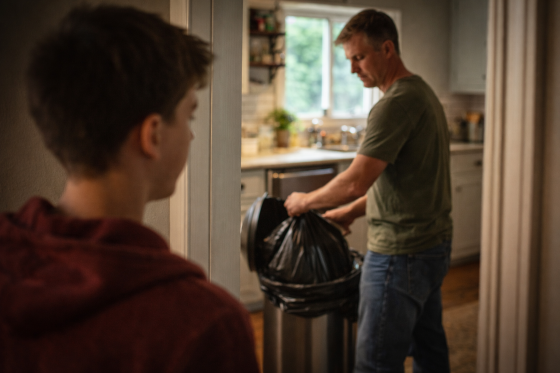 stepdad leadership - stepson observing his stepdad emptying the garbage