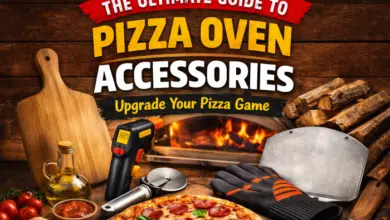 Selecting pizza oven accessories - picture a pizza surrounded by various accessories.