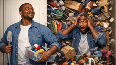Spring Cleaning Humor - Stepdad confronted with overfilled closet