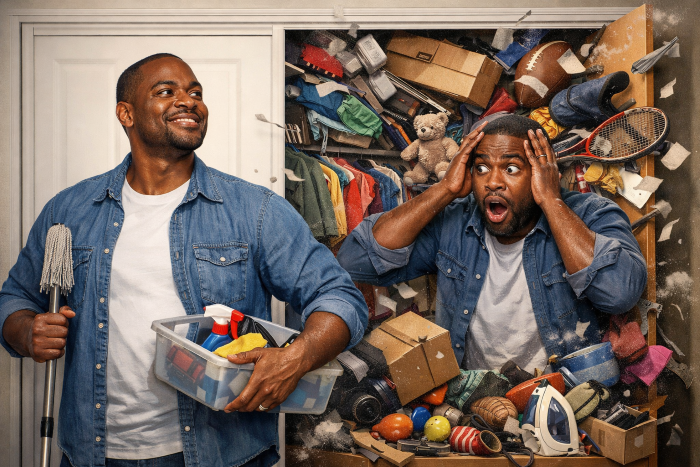 Spring Cleaning Humor - Stepdad confronted with overfilled closet