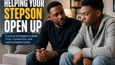 why won’t my stepson open up - Stepdad-sitting-next-to-stepson-encouraging-him-to-open-up