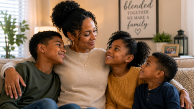 A-caring-stepmom-standing-with-a-blended-family-in-a-warm-home-setting