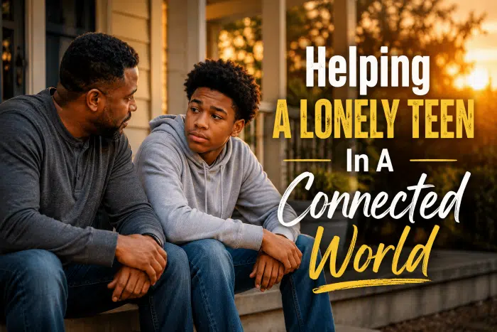 An-African-American-stepdad-sitting-beside-a-teenage-son-or-daughter-on-a-front-porch-at-sunset.