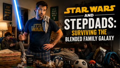 Star Wars and stepdad humor - A tired but good-hearted stepdad standing heroically in a messy living room holding a glowing blue lightsaber like a household tool while teenagers lounge on couches surrounded by backpacks, sports gear, pizza boxes, and phones.