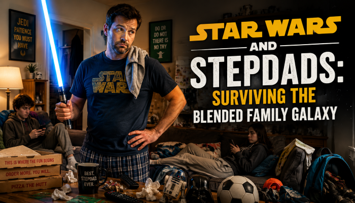 Star Wars and stepdad humor - A tired but good-hearted stepdad standing heroically in a messy living room holding a glowing blue lightsaber like a household tool while teenagers lounge on couches surrounded by backpacks, sports gear, pizza boxes, and phones.