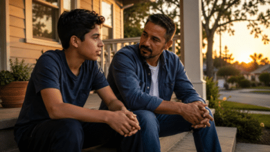 How to be a good stepdad - A-hispanic-stepdad-sitting-beside-a-teenage-son-on-a-front-porch-at-sunset