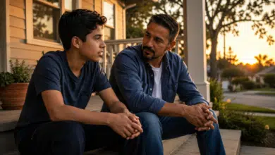 How to be a good stepdad - A-hispanic-stepdad-sitting-beside-a-teenage-son-on-a-front-porch-at-sunset