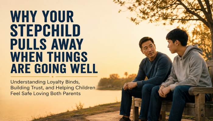 A-stepdad-and-older-teenage-stepson-sitting-on-a-wooden-park-bench-overlooking-a-lake-at-sunset