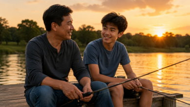 How to be a good stepdad - A-stepdad-and-teenage-stepson-sitting-together-on-a-dock-or-park-bench-while-fishing-at-sunset.