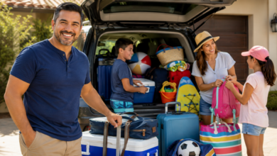 Family Vacation Fun Facts - A-stepdad-standing-beside-a-packed-family-SUV-loaded-with-suitcases_beach-toys_coolers-and-sports-gear