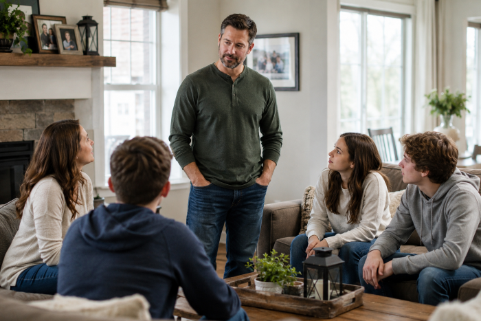 Are You A Bystander Or An Upstander - A-stepdad-standing-in-a-comfortable-family-living-room-while-listening-attentively-during-a-family-conversation