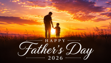 Stepdad holding hands with his stepchild. Text overlay Happy Father's Day 2026