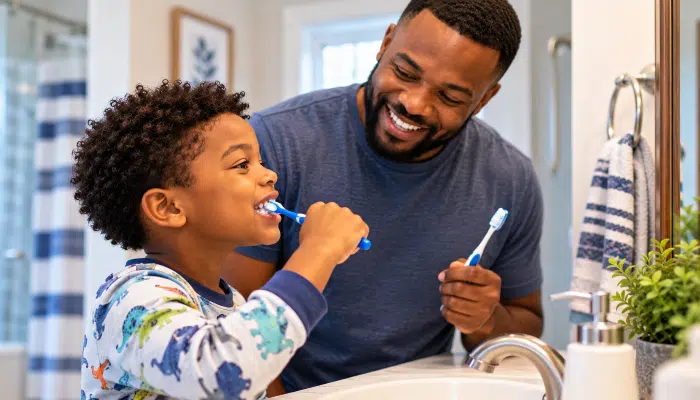 A bathroom scene showing a stepdad and his elementary-school-age stepchild brushing his teeth in front of the mirror