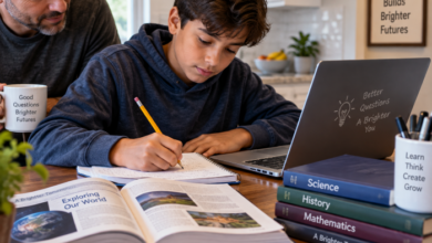 AI and children's education - A-school-age-child-working-at-a-kitchen-table-with-a-laptop-open-alongside-study-materials