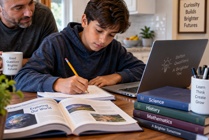 AI and children's education - A-school-age-child-working-at-a-kitchen-table-with-a-laptop-open-alongside-study-materials