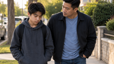 Asian stepdad walking along side with his troubled looking stepson