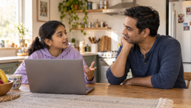 Indian-stepdad-listening-as-his-stepchild-turns-away-from-a-laptop-to-talk