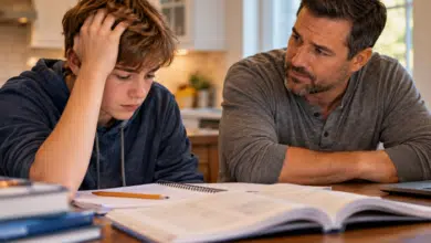 Stepchild-looking-troubled-by-his-homework-with-the-stepdad-patiencely-observing