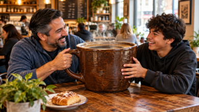 Stepdad-and-teenager-laughing-while-sharing-an-enormous-cup-of-coffee