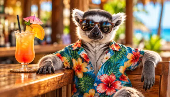 Funny lemur facts - Lemur-wearing-hawaii-shirt-and-posing-with-an-adult-beverage