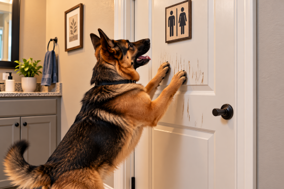 Funny dog and cat facts - A German Sheppard scratching on the bathroom door.