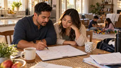 Hispanic stepdad and his wife review their family calendar while their children play nearby.